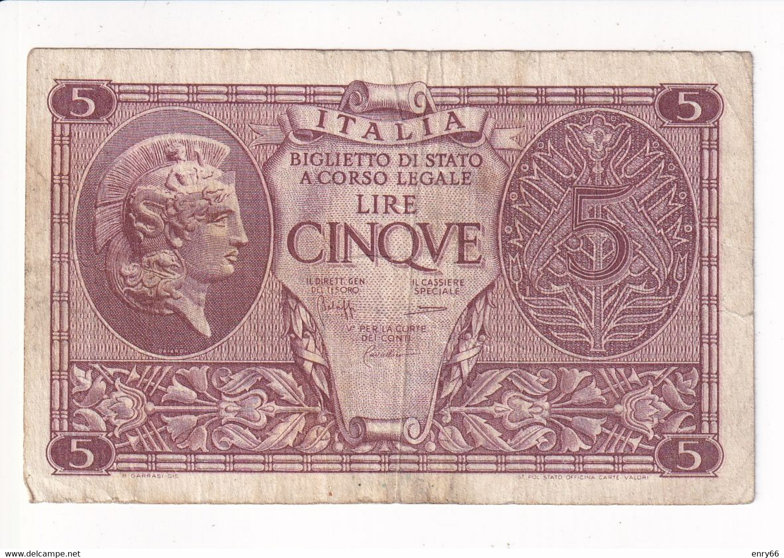 ITALIA 5 LIRE 1944 CAT. 14C - Italia – 5 Lire