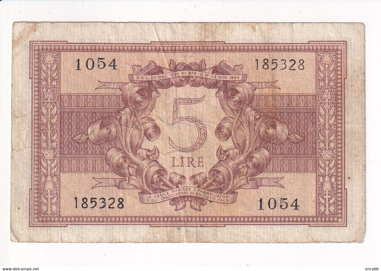 ITALIA 5 LIRE 1944 CAT. 14C - Italië– 5 Lire