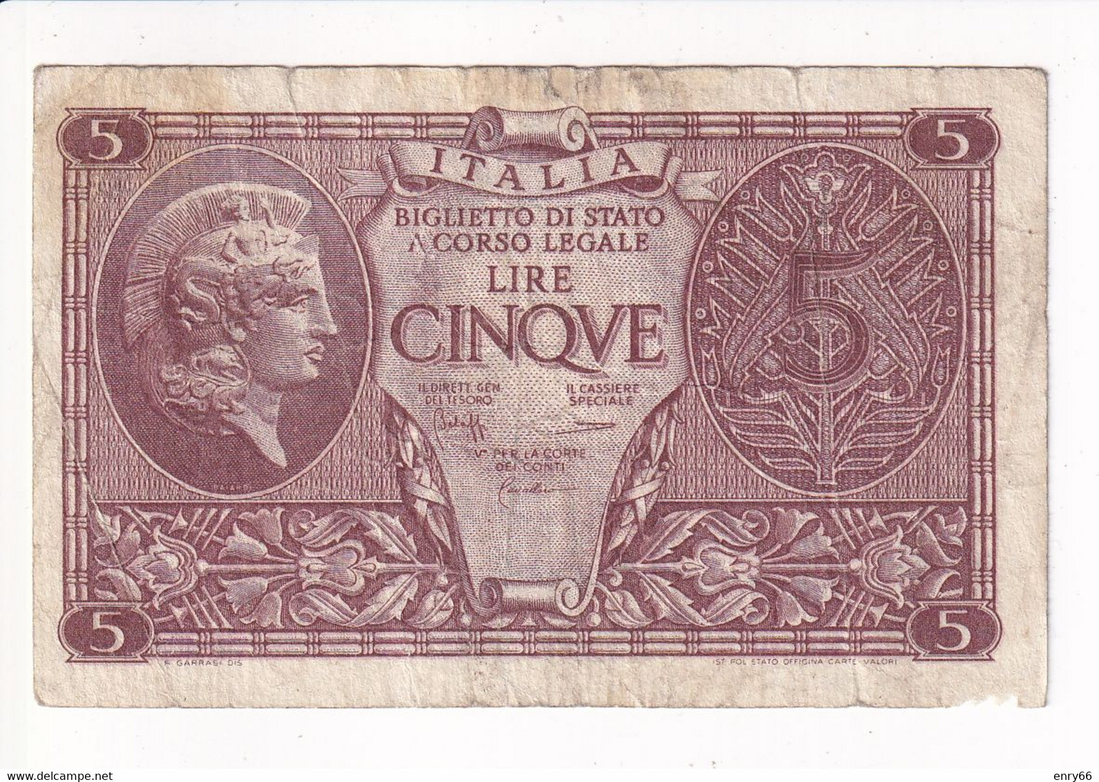 ITALIA 5 LIRE 1944 CAT. 14C - Italia – 5 Lire