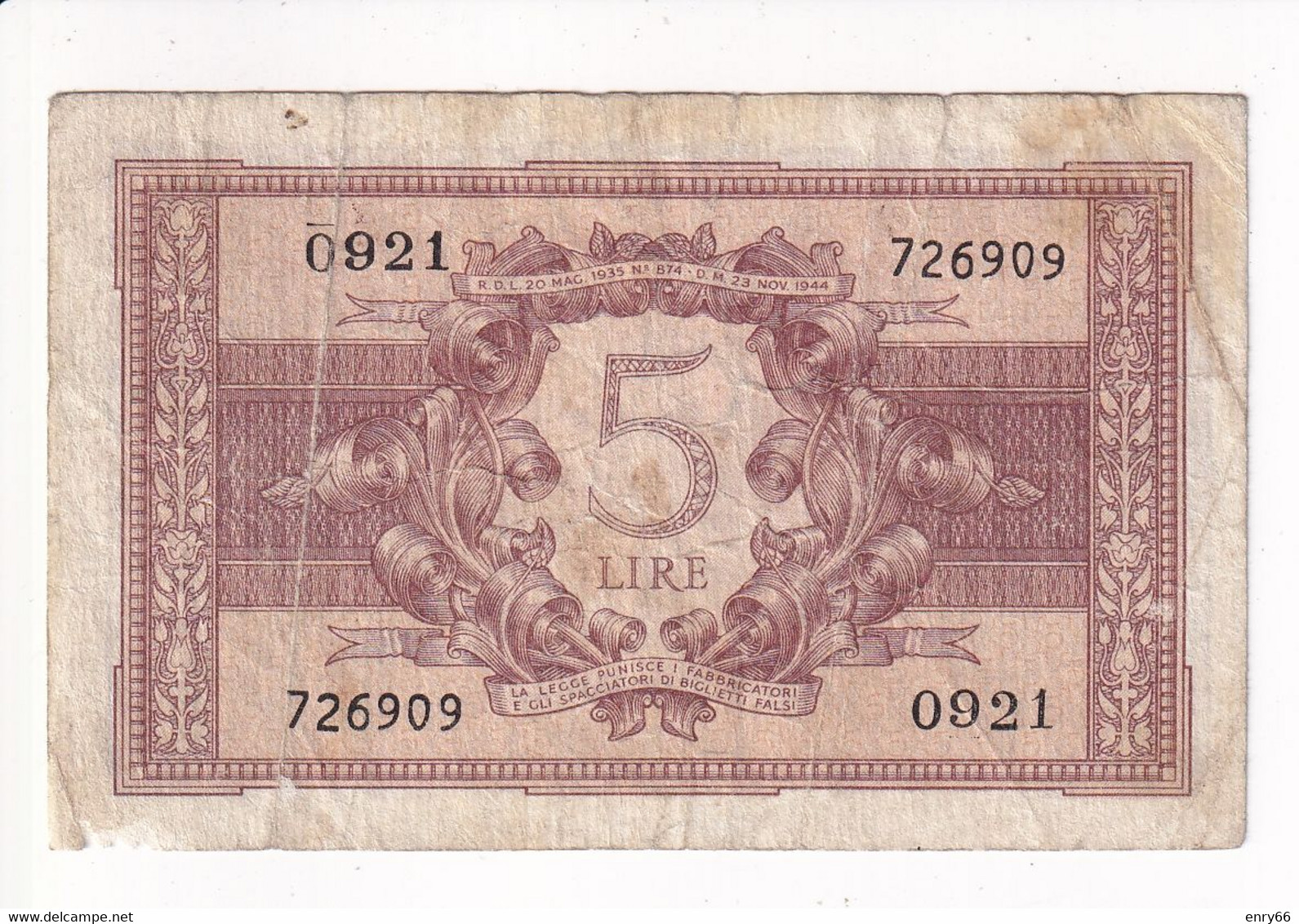 ITALIA 5 LIRE 1944 CAT. 14C - Italia – 5 Lire