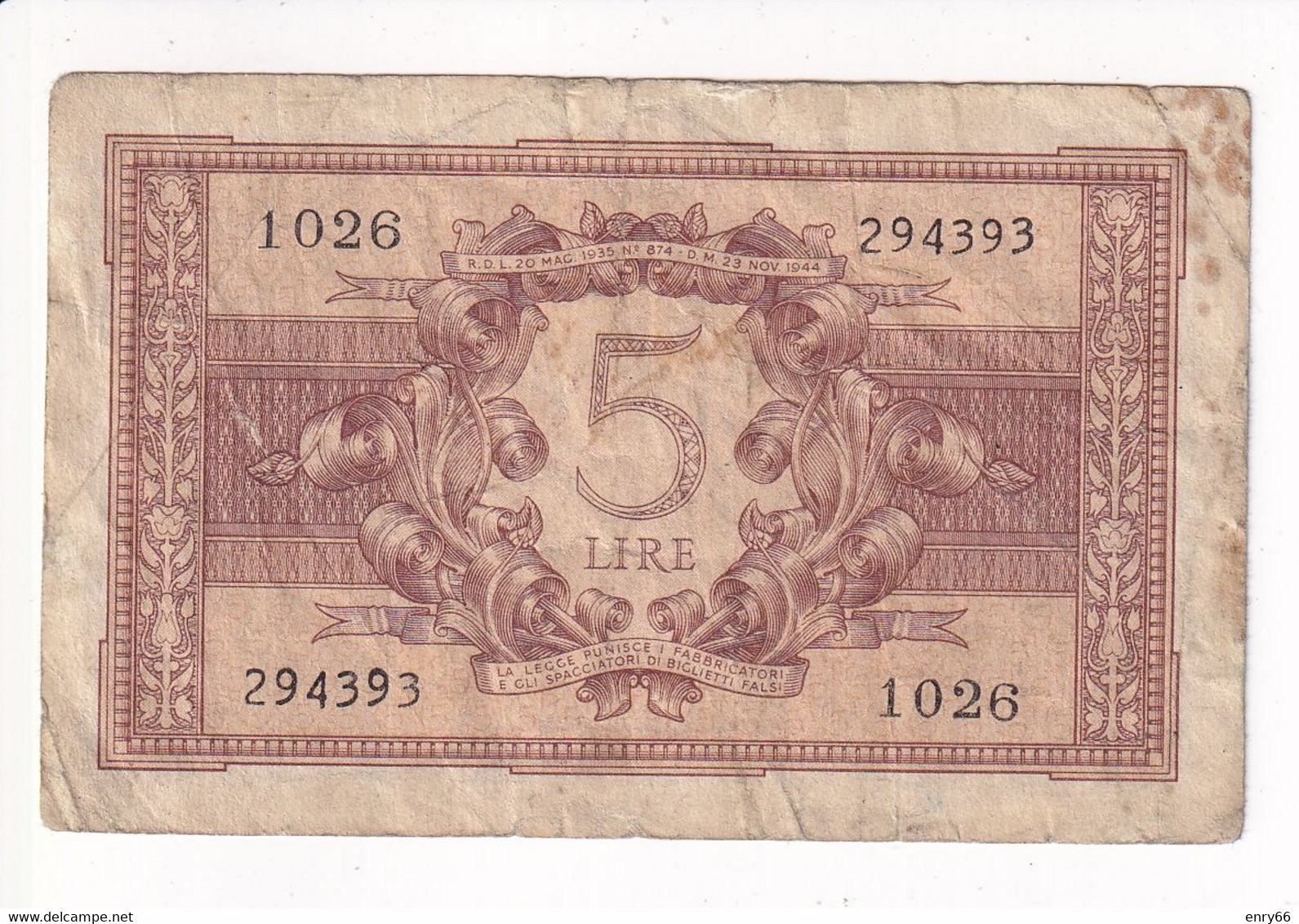 ITALIA 5 LIRE 1944 CAT. 14C - Italië– 5 Lire