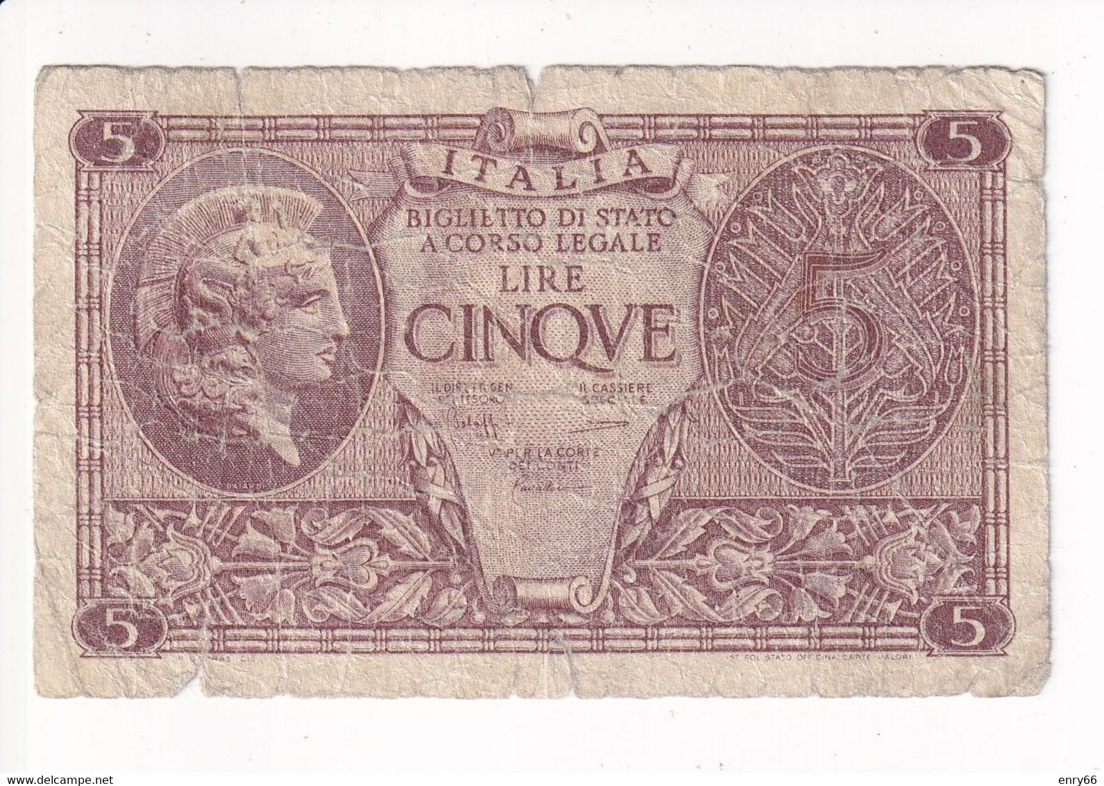 ITALIA 5 LIRE 1944 CAT. 14C - Italië– 5 Lire