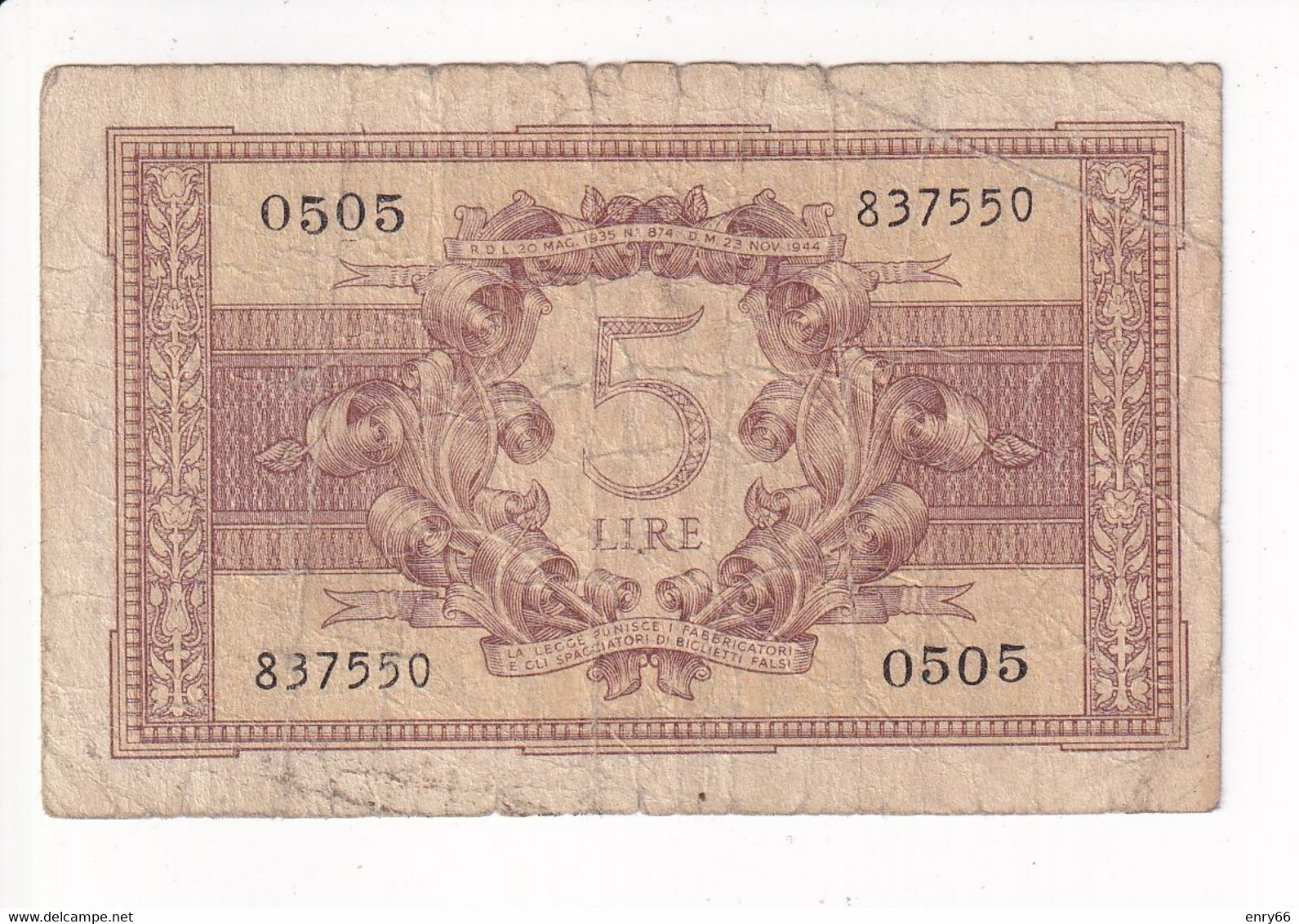 ITALIA 5 LIRE 1944 CAT. 14C - Italië– 5 Lire