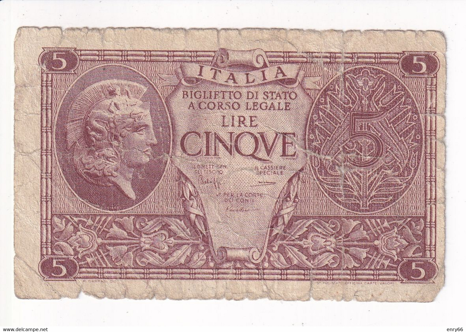 ITALIA 5 LIRE 1944 CAT. 14C - Italië– 5 Lire