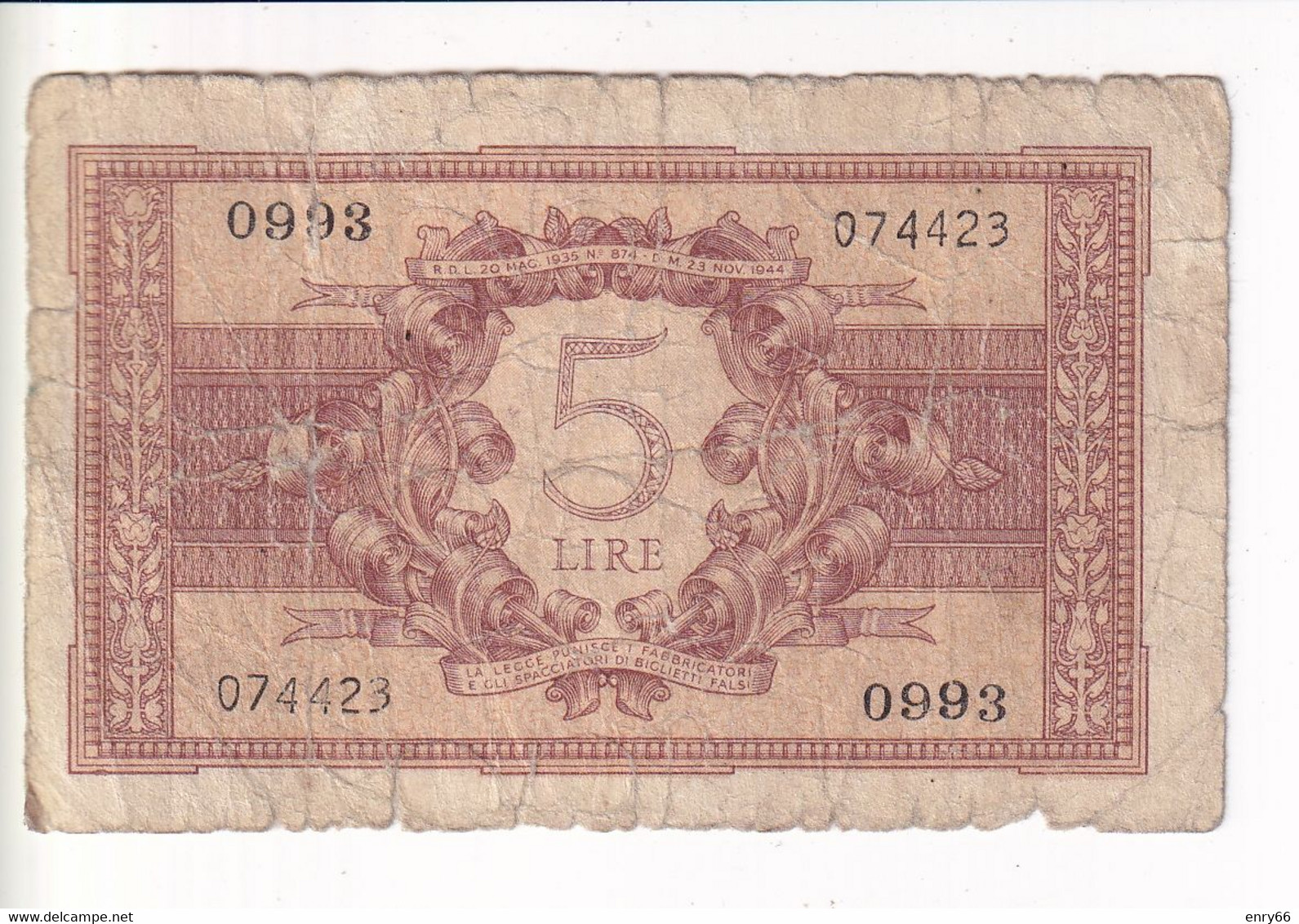 ITALIA 5 LIRE 1944 CAT. 14C - Italië– 5 Lire