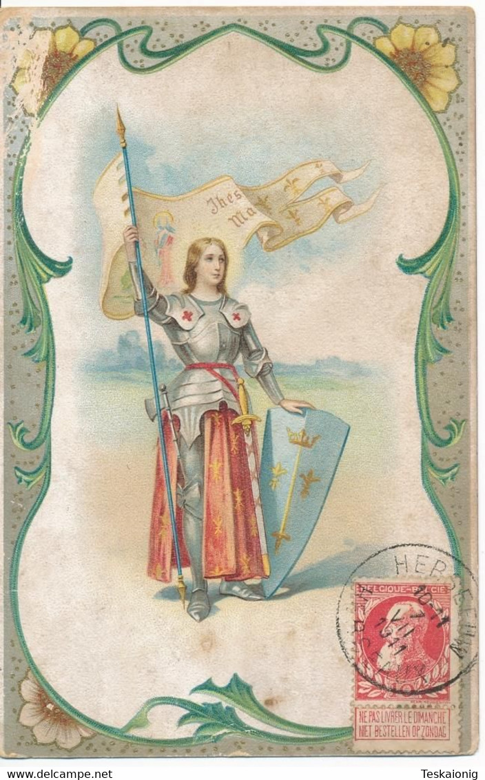 CPA. Illustration De JEANNE D'ARC. En Armure, De Pied, Bouclier, Drapeau. Postée En Belgique En 1911 - Histoire