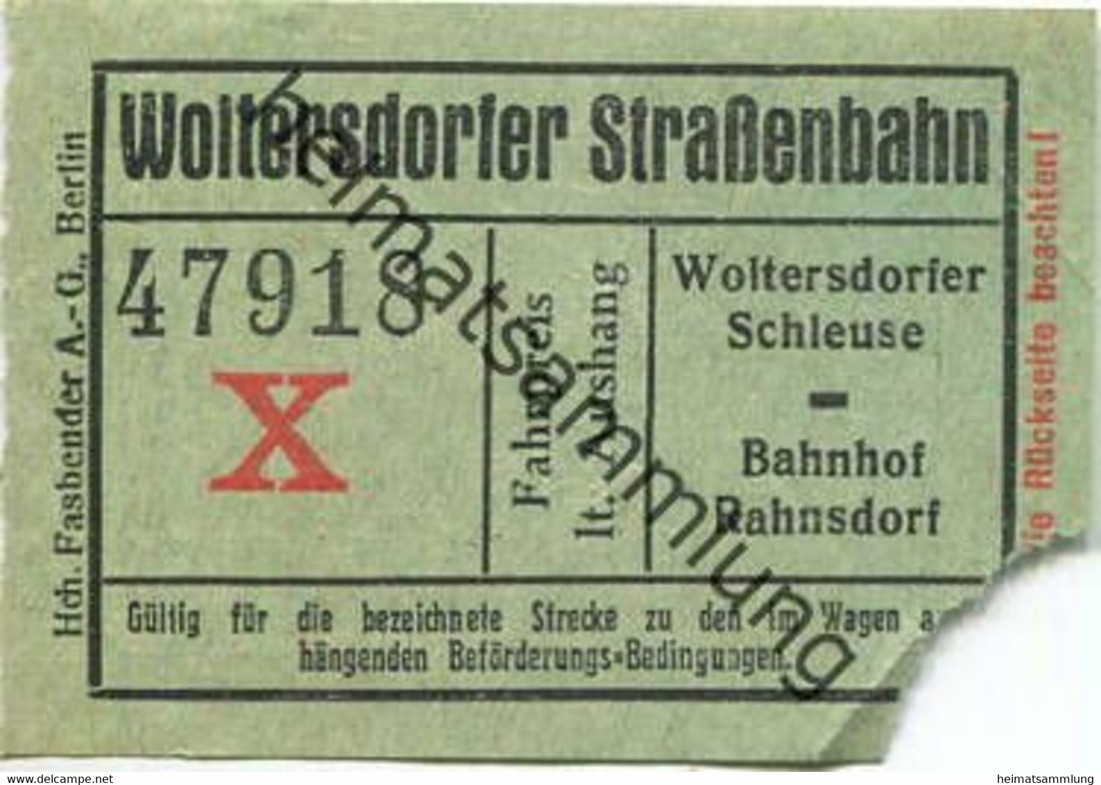 Deutschland - Woltersdorf - Woltersdorfer Strassenbahn - Fahrschein Wolterdorfer Schleuse Bahnhof Rahnsdorf - Rückseitig - Europa