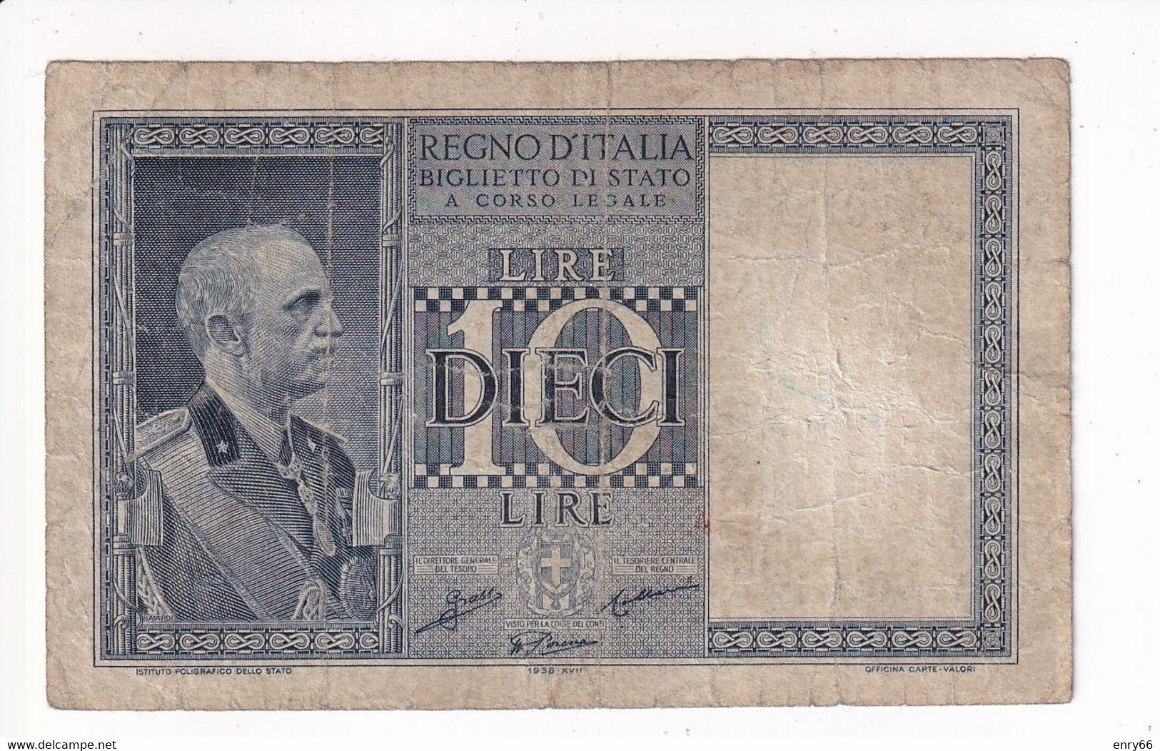 ITALIA 10 LIRE 1938 XVII CAT. 18B NON COMUNE - Italia – 10 Lire