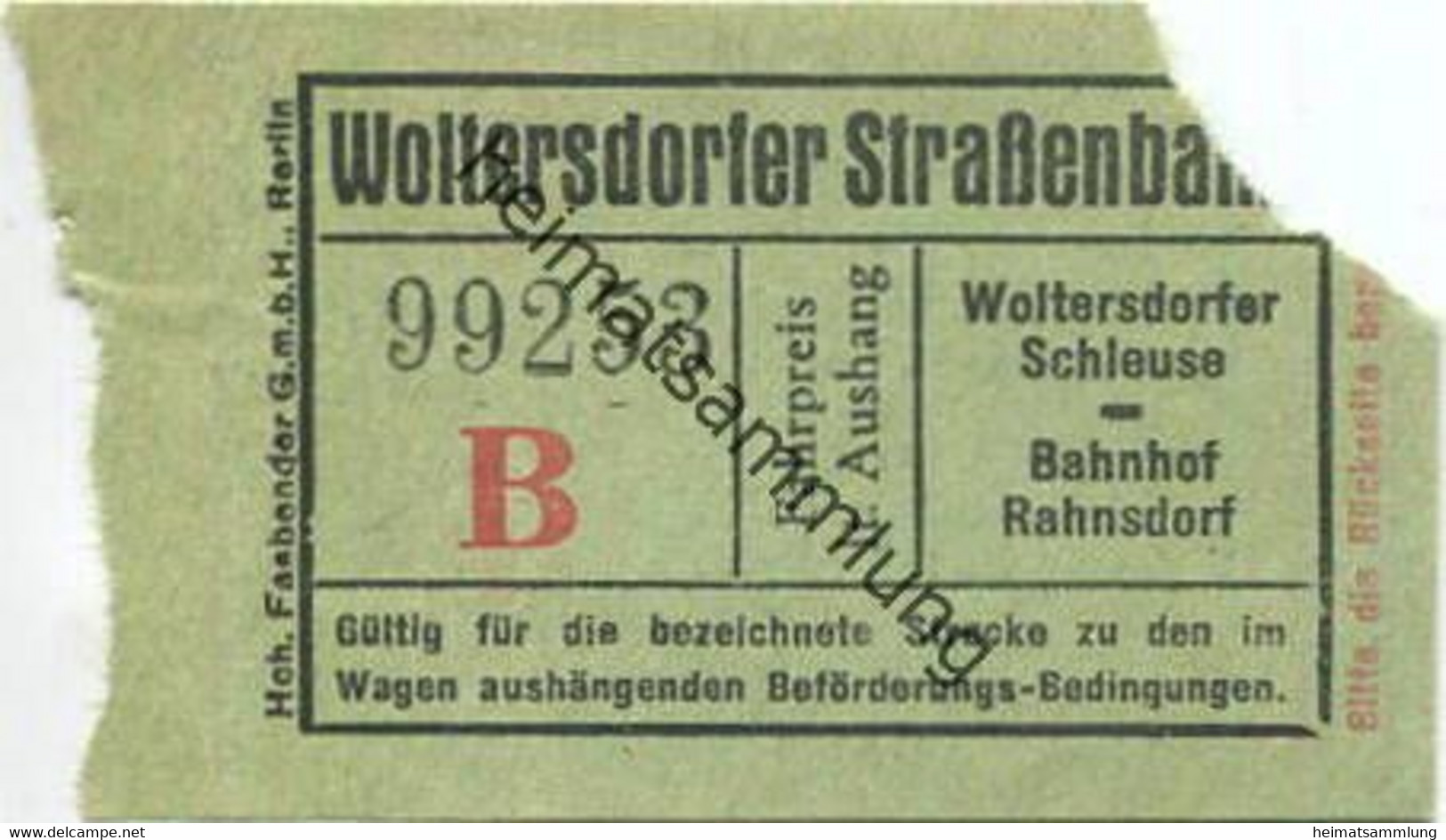 Deutschland - Woltersdorf - Woltersdorfer Strassenbahn - Fahrschein Wolterdorfer Schleuse Bahnhof Rahnsdorf - Rückseitig - Europe