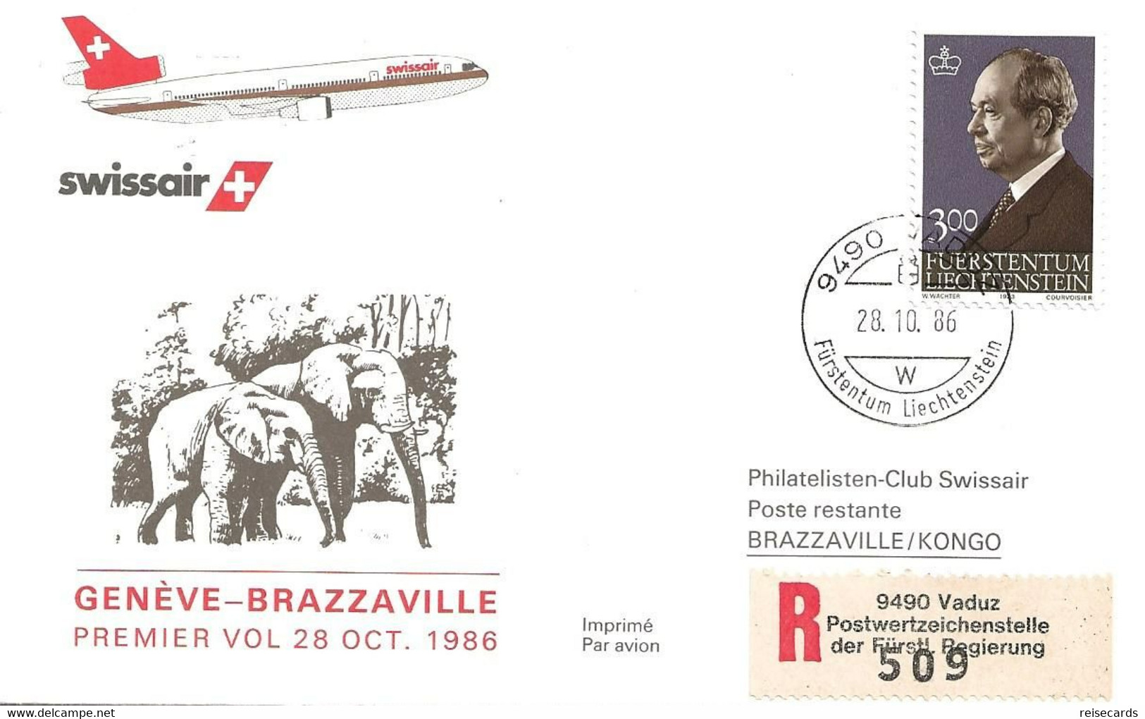 Liechtenstein: 1986 Swissair Air Mail Brief Genève - Brazzaville - Covers & Documents