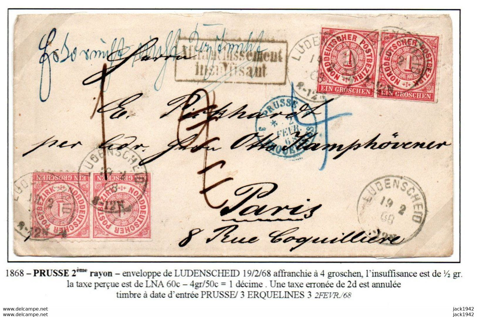 1868 - Conf. Allemagne Du Nord - De Prusse 2°rayon, Enveloppe De Ludenscheid Affr.1grosx4, Taxe 1 Décime à Paris - Cartas & Documentos