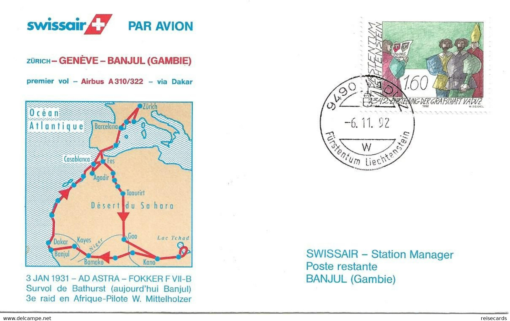 Liechtenstein: 1992 Swissair Air Mail Brief Genève - Banjul - Lettres & Documents