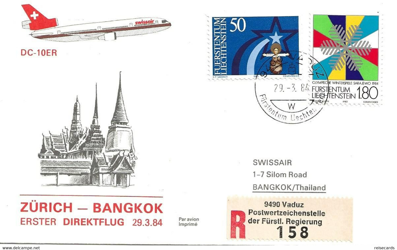 Liechtenstein: 1984 Swissair Air Mail Brief Zürich - Bangkok - Storia Postale