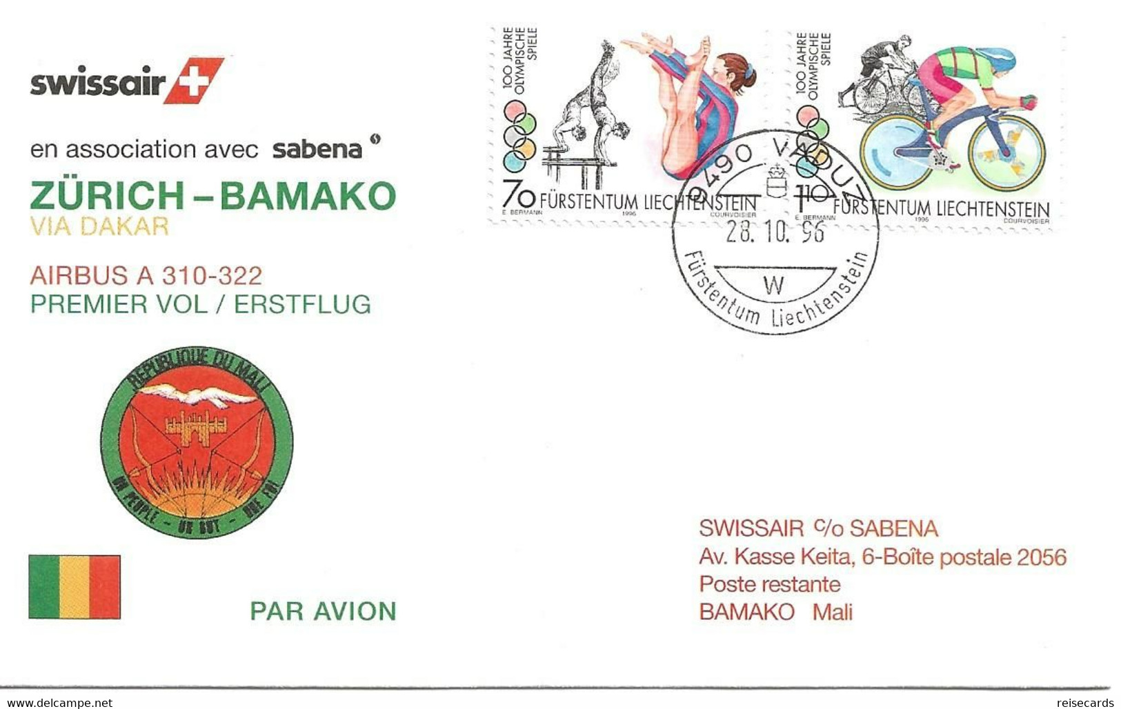 Liechtenstein: 1996 Swissair Air Mail Brief Zürich - Bamako - Covers & Documents