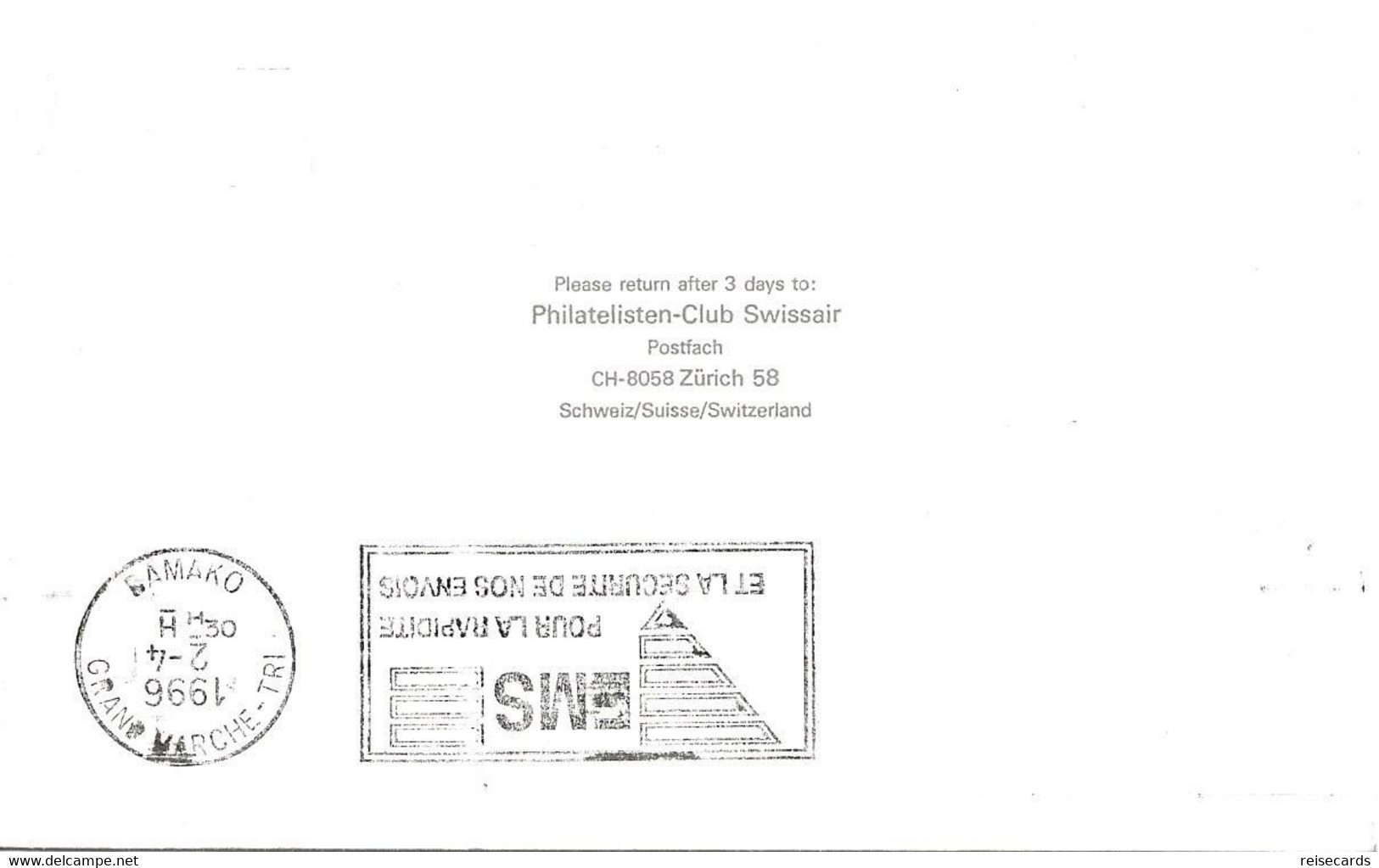 Liechtenstein: 1996 Swissair Air Mail Brief Genève - Bamako - Brieven En Documenten