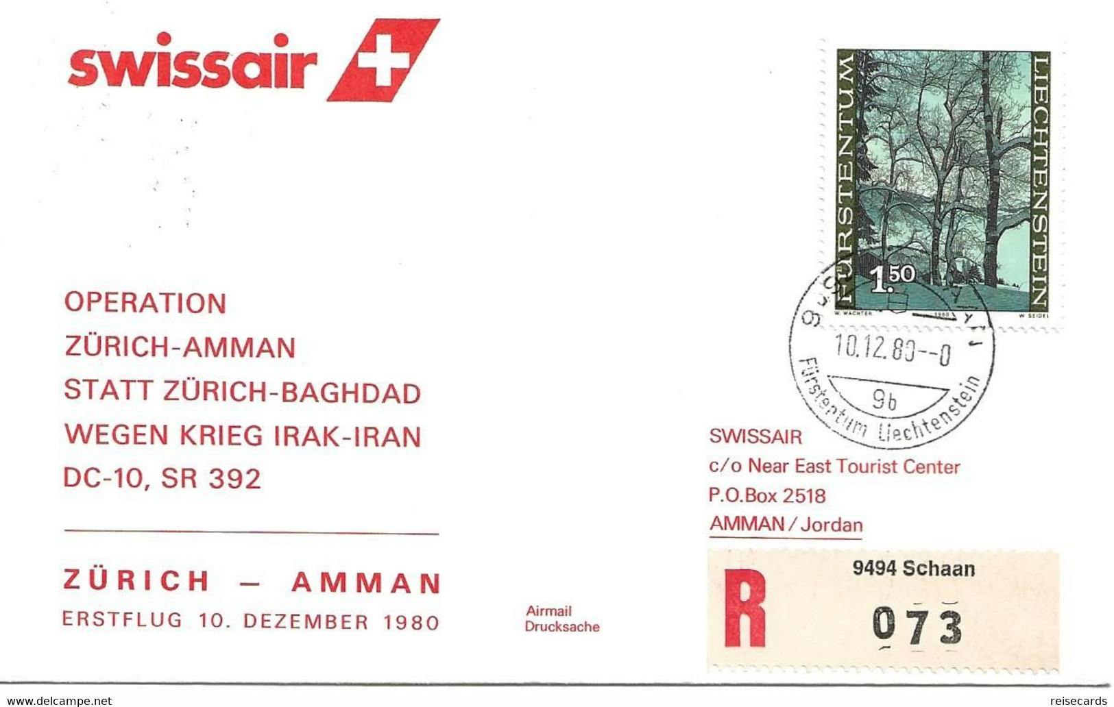 Liechtenstein: 1980 Swissair Air Mail Brief Zürich - Amman - Lettres & Documents
