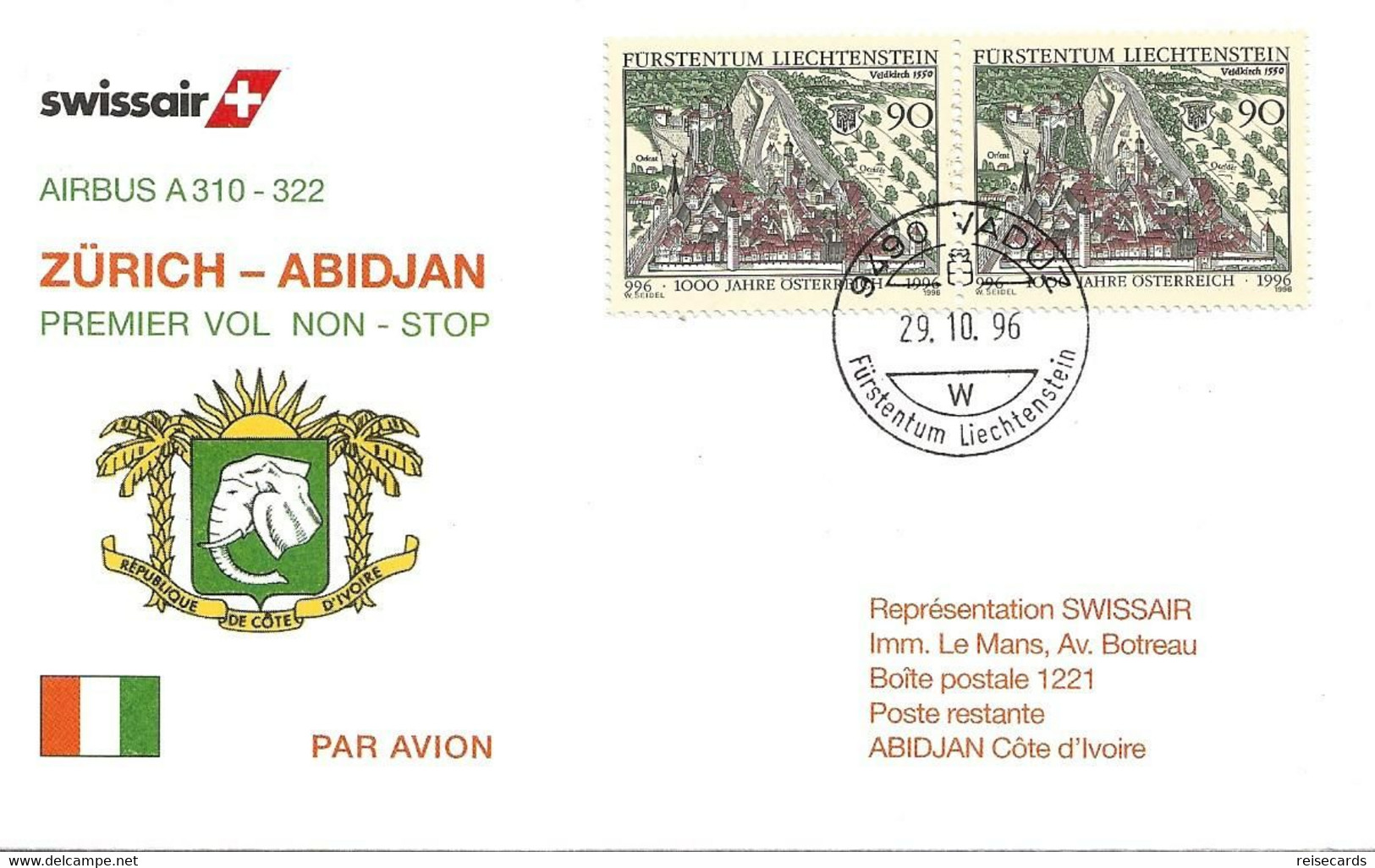 Liechtenstein: 1996 Swissair Air Mail Brief Zürich - Abidjan - Cartas & Documentos