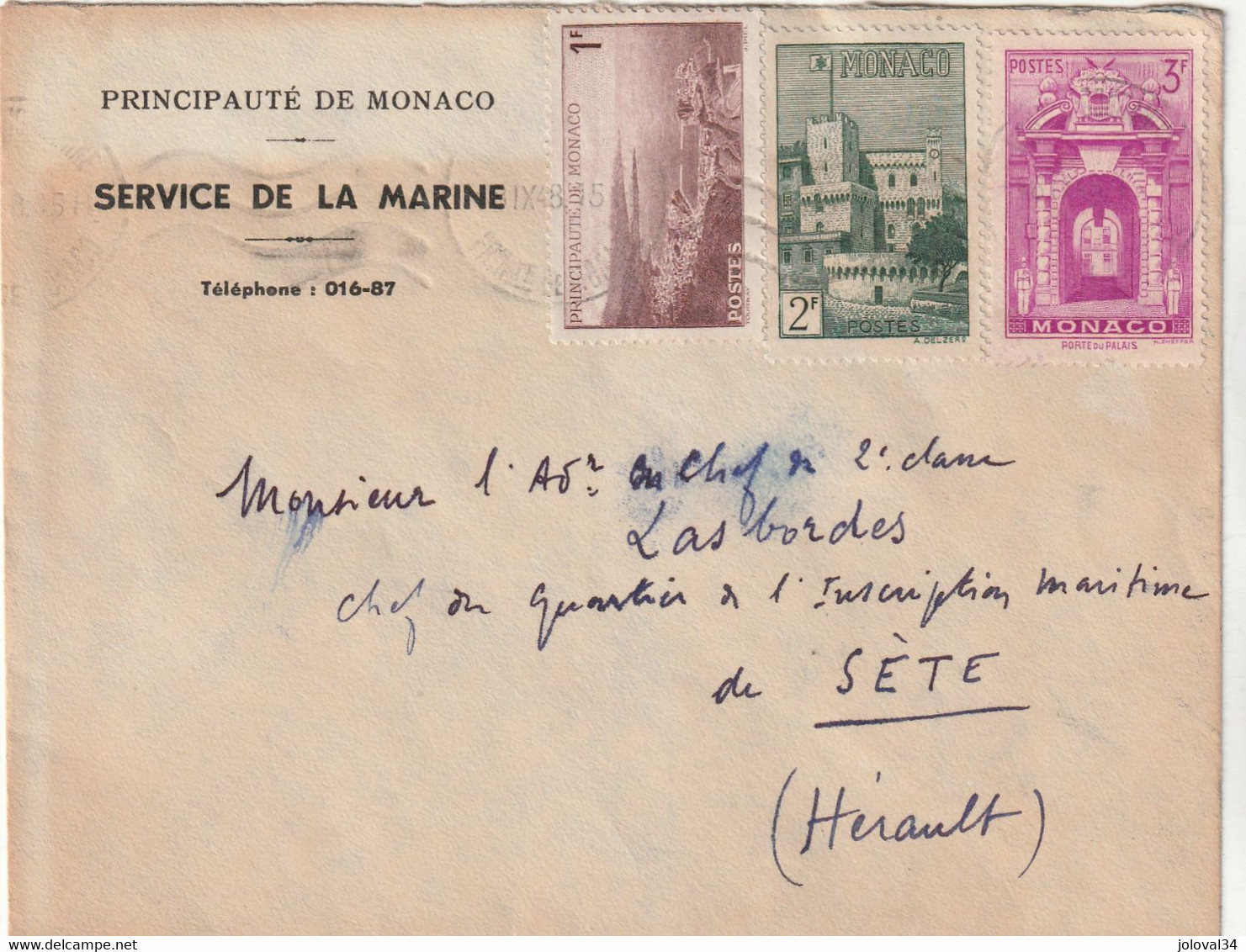 Monaco Lettre Entête Service De La Marine 1948 Pour Sète Hérault - Covers & Documents