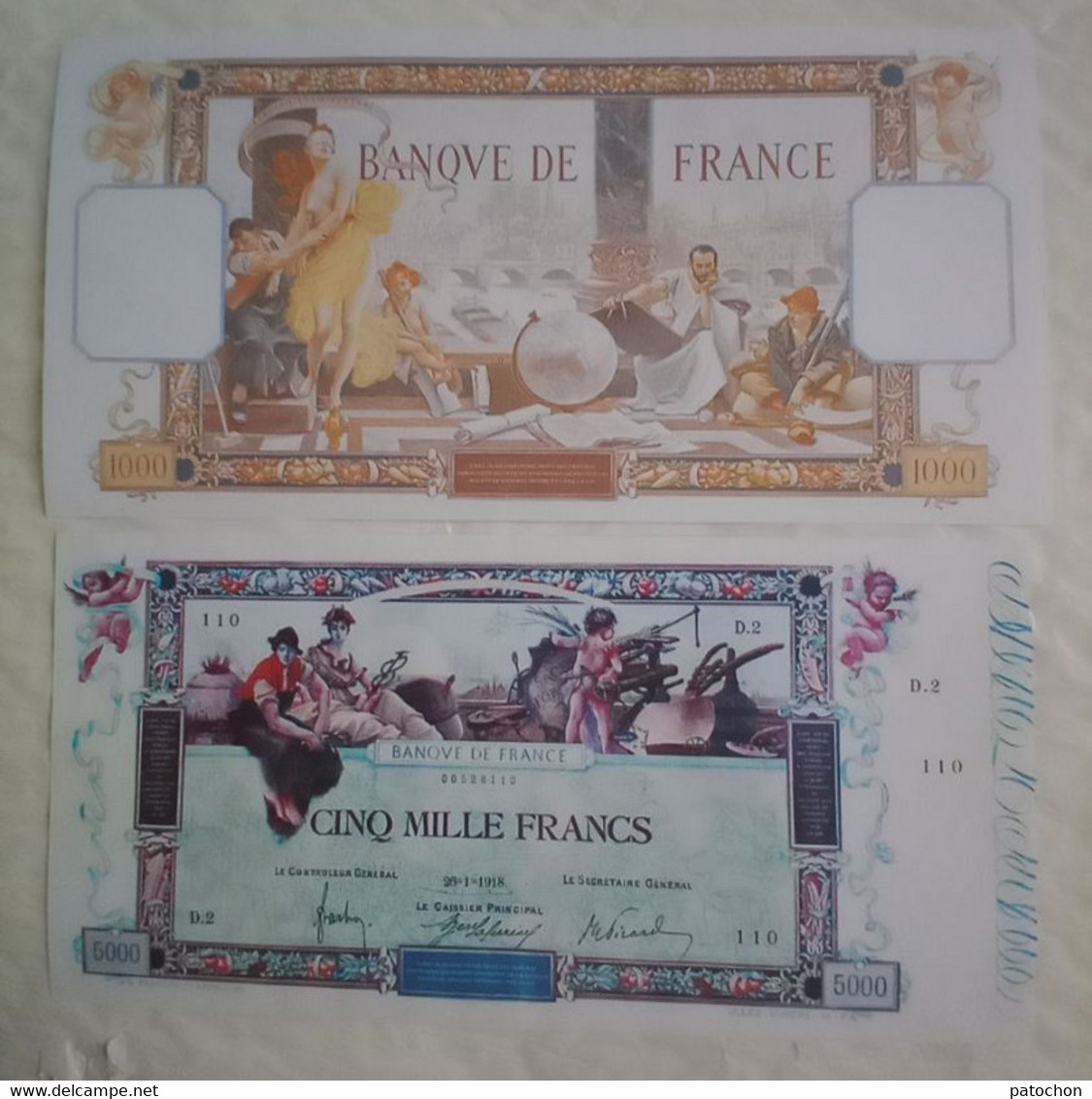 2 Billets Factice Recto Verso Fake Copie 1000 Et 5000 Francs Banque De France..! - Fictifs & Spécimens