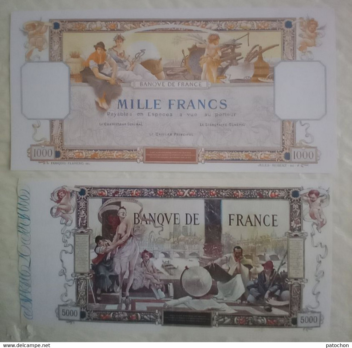 2 Billets Factice Recto Verso Fake Copie 1000 Et 5000 Francs Banque De France..! - Fictifs & Spécimens