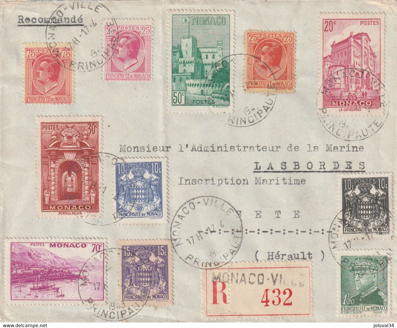 Monaco Lettre Recommandée Monaco Ville 17/4/1943 Pour Sète Hérault - Covers & Documents