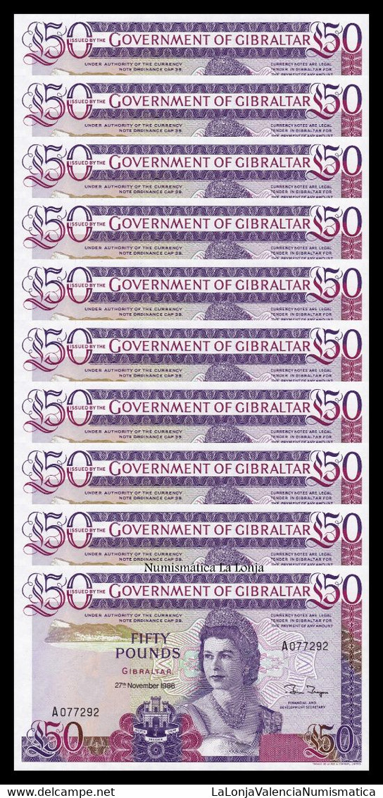 Gibraltar Lot 10 Banknotes 50 Pounds Elizabeth II 1986 Pick 24 SC UNC - Gibraltar