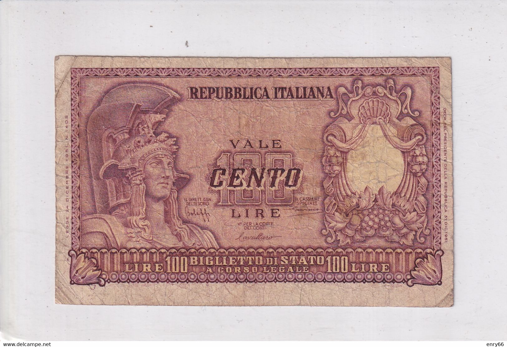 ITALIA 100 LIRE 1951 CAT. 24A - 100 Lire