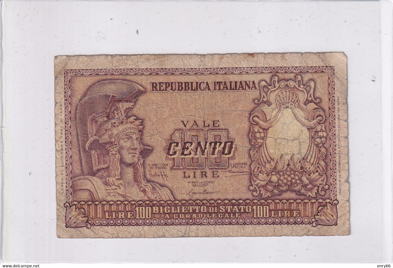 ITALIA 100 LIRE 1951 CAT. 24A - 100 Liras