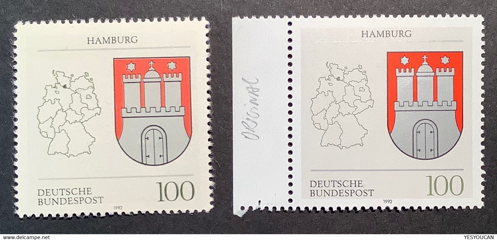 BRD 1992 Mi.1591 ** SELTENE POSTFÄLSCHUNG (Ukraine) 100 Pf Hamburg (Bund RFA Allemagne Faux Postal Forgery Germany - Unused Stamps