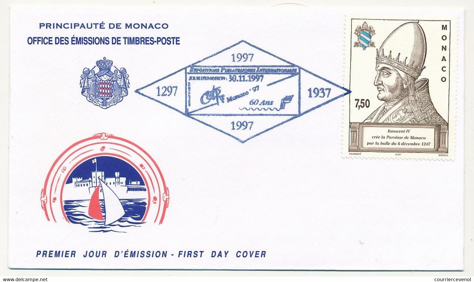 MONACO => Env FDC - 7,50F Innocent IV (créateur De La Paroisse De Monaco) - 30/11/1997 - FDC