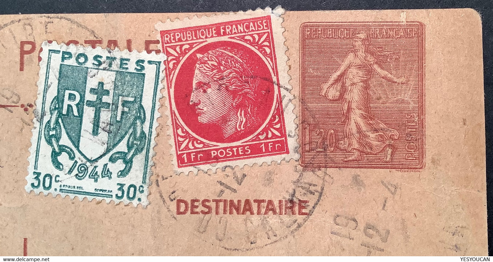 1944 RRR ! VARIÉTÉ DOUBLE IMPRESSION 1f20 Semeuse Lignée Entier Postal C.p  (France Cérès Chaines Brisées Libération - Standard Postcards & Stamped On Demand (before 1995)