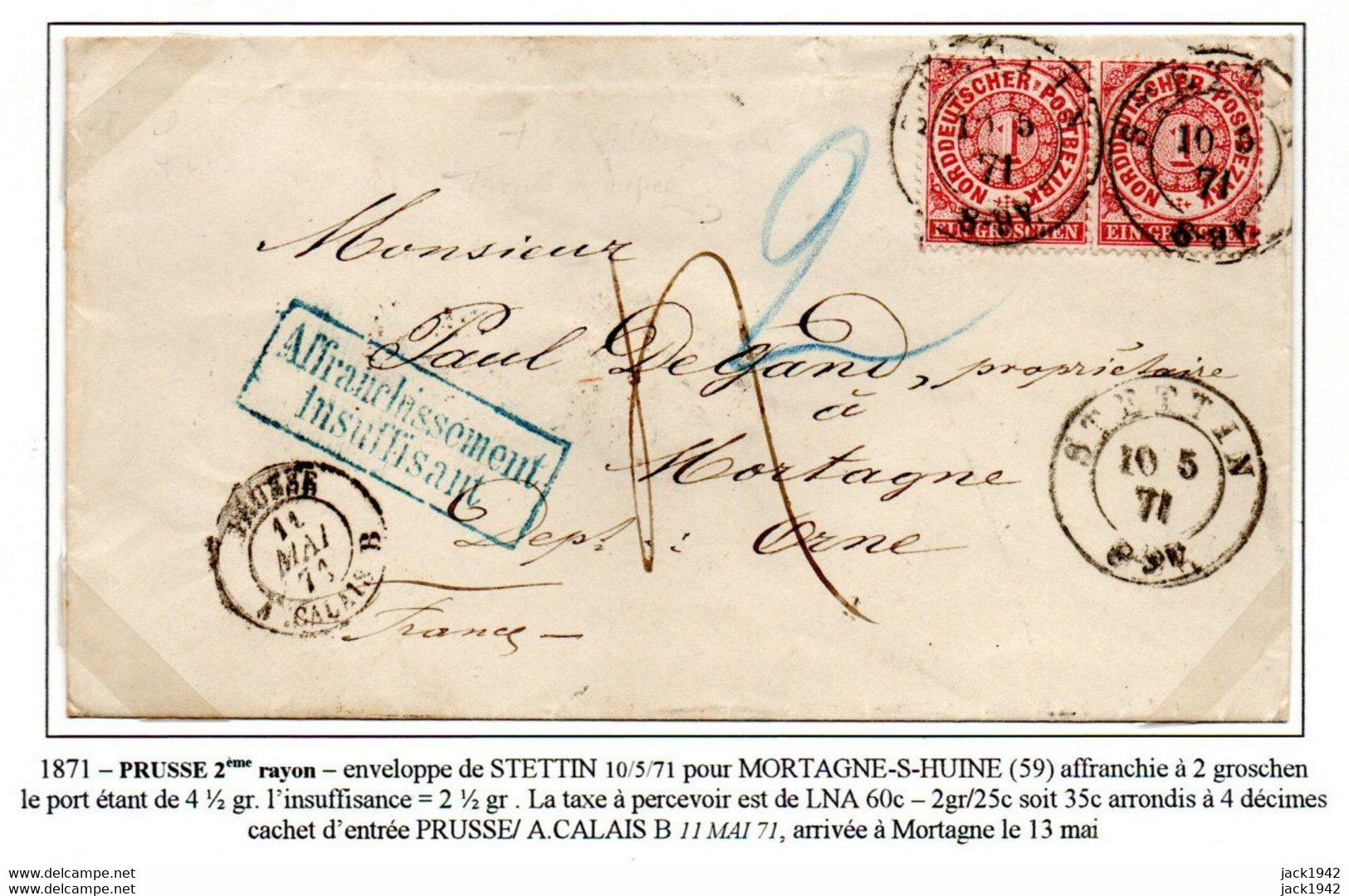 1871 - Conf. Allemagne Du Nord (1868-1871) Prusse 2°rayon, Enveloppe De Stettin Affr.1gros X 2, Taxe 1déc. à Mortagne - Cartas & Documentos