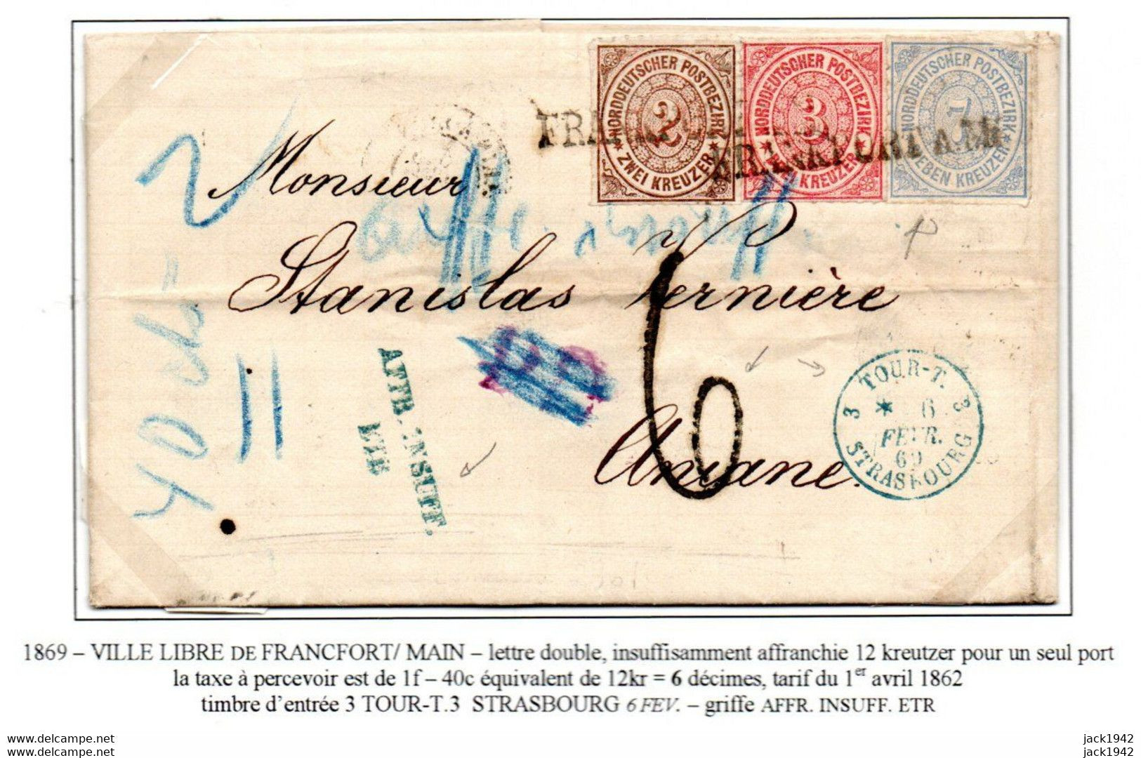 1869 - Conf. Allemagne Du Nord (1868-1871) Ville Libre De Frankfort/Main, Affr.12 Kreutzer, Taxe 6 Déc. à Aniane - Brieven En Documenten