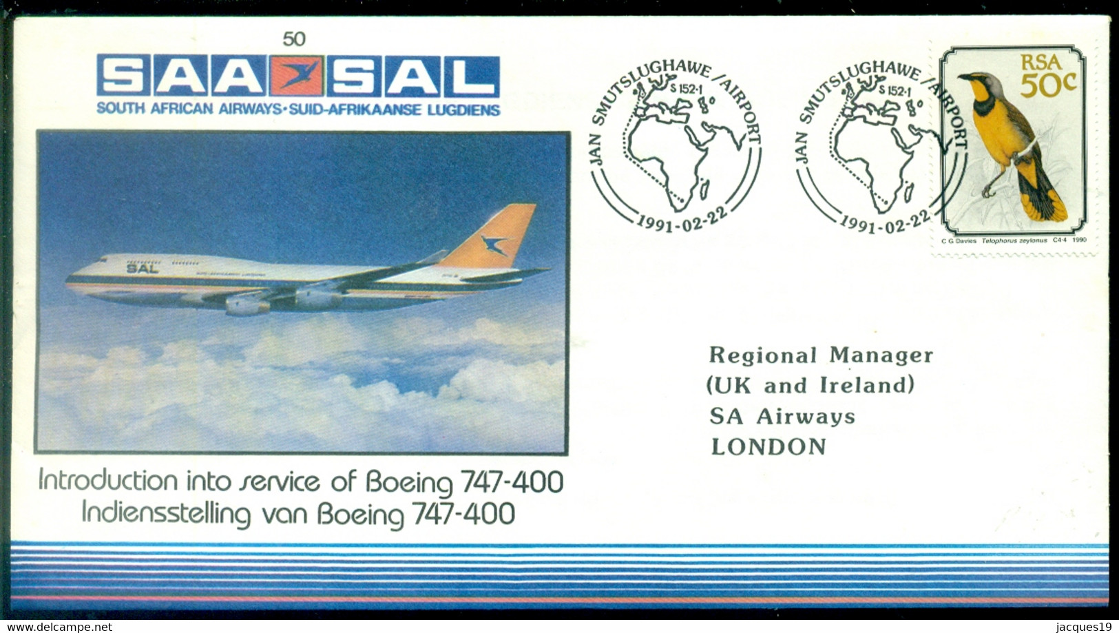 South Africa 1991 Special Cover First Flight SAA-SAL Boeing 747-400 Mi 803 Open Cover With Flyer - Brieven En Documenten