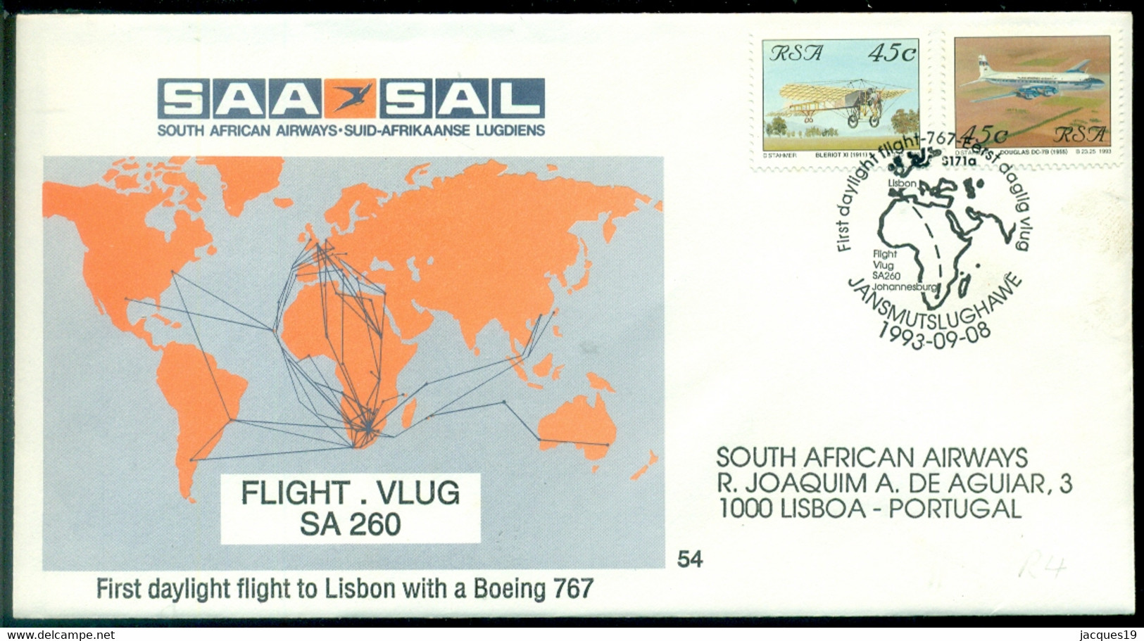 South Africa 1993 Special Cover First Daylight Fkight To Lisbon SAA-SAL Mi 867 And 887 Open Cover With Flyer - Cartas & Documentos