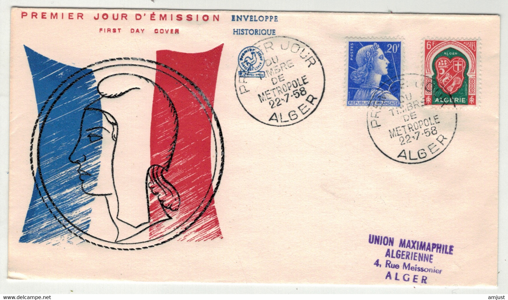 France // Ex-Colonies // Algérie // 1958 // Lettre 1er Jour, Un Timbre De Métropole - Briefe U. Dokumente