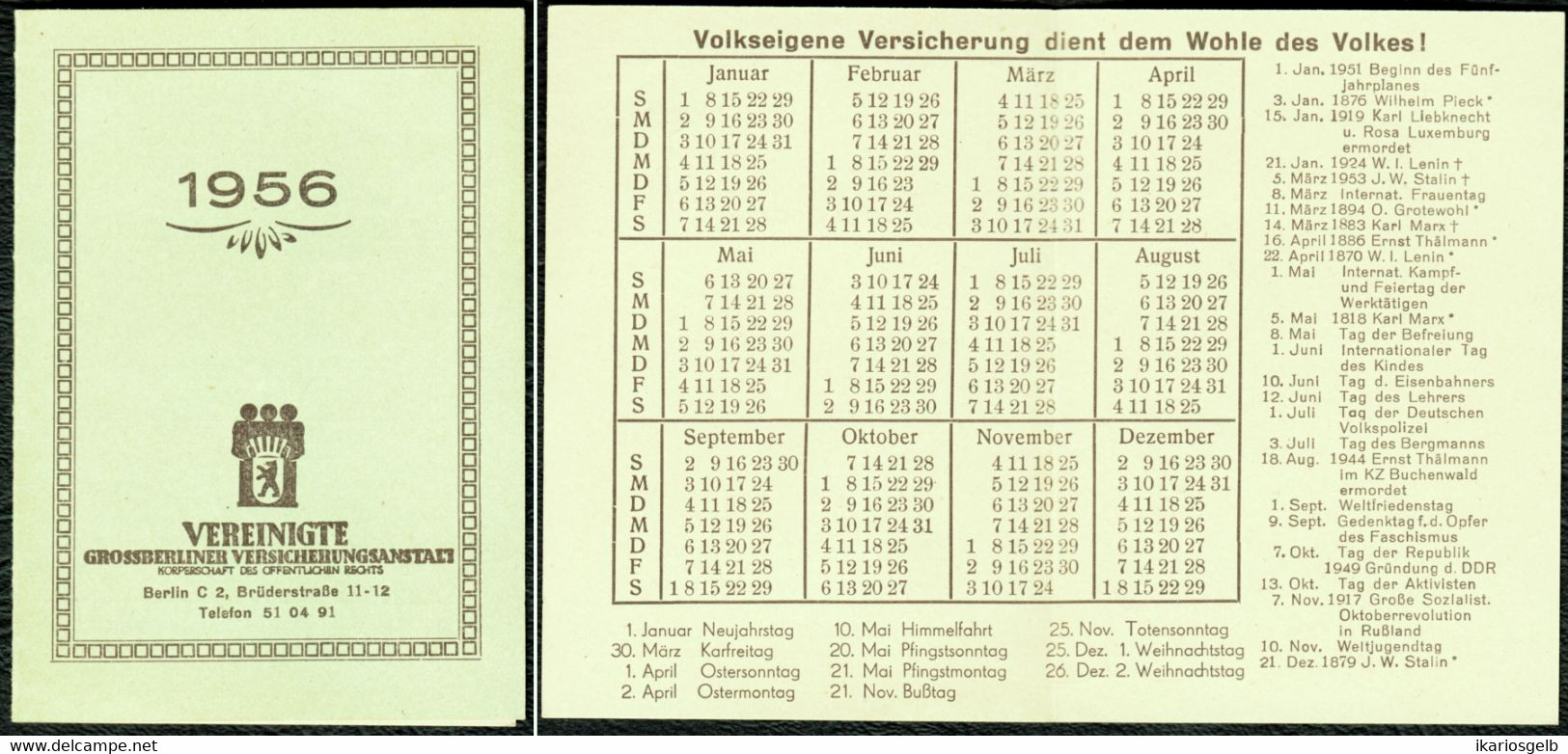 DDR Berlin 1956 Volkseigene Vereinigte Großberliner Versicherungsanstalt Reklamekalender Kalender Calendar Zakkalender - Small : 1901-20