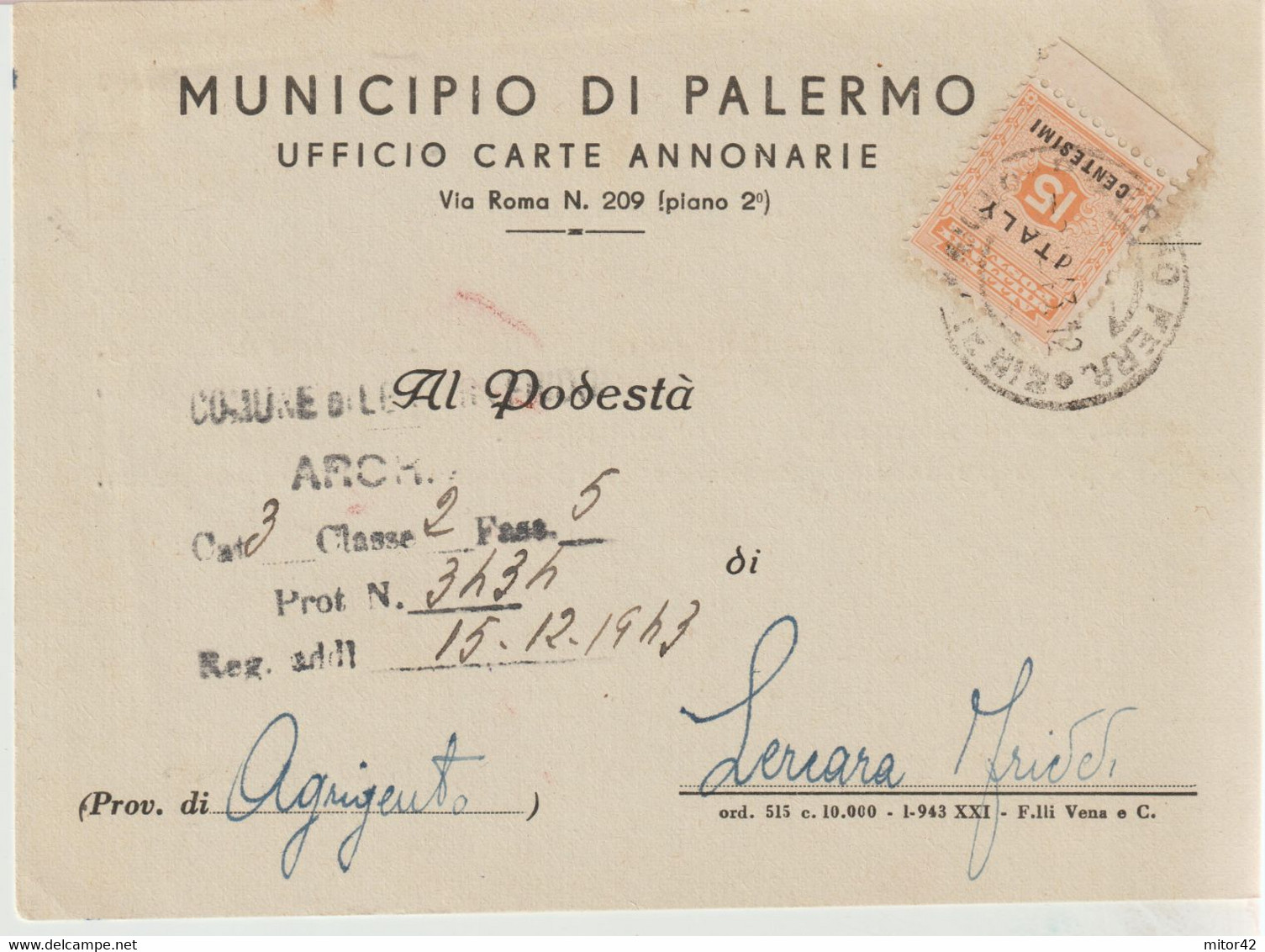 167-AMGOT-Occupazione Alleata Sicilia-15c.Municipio Palermo X Lercara Friddi 3-12-1943 - Anglo-american Occ.: Sicily