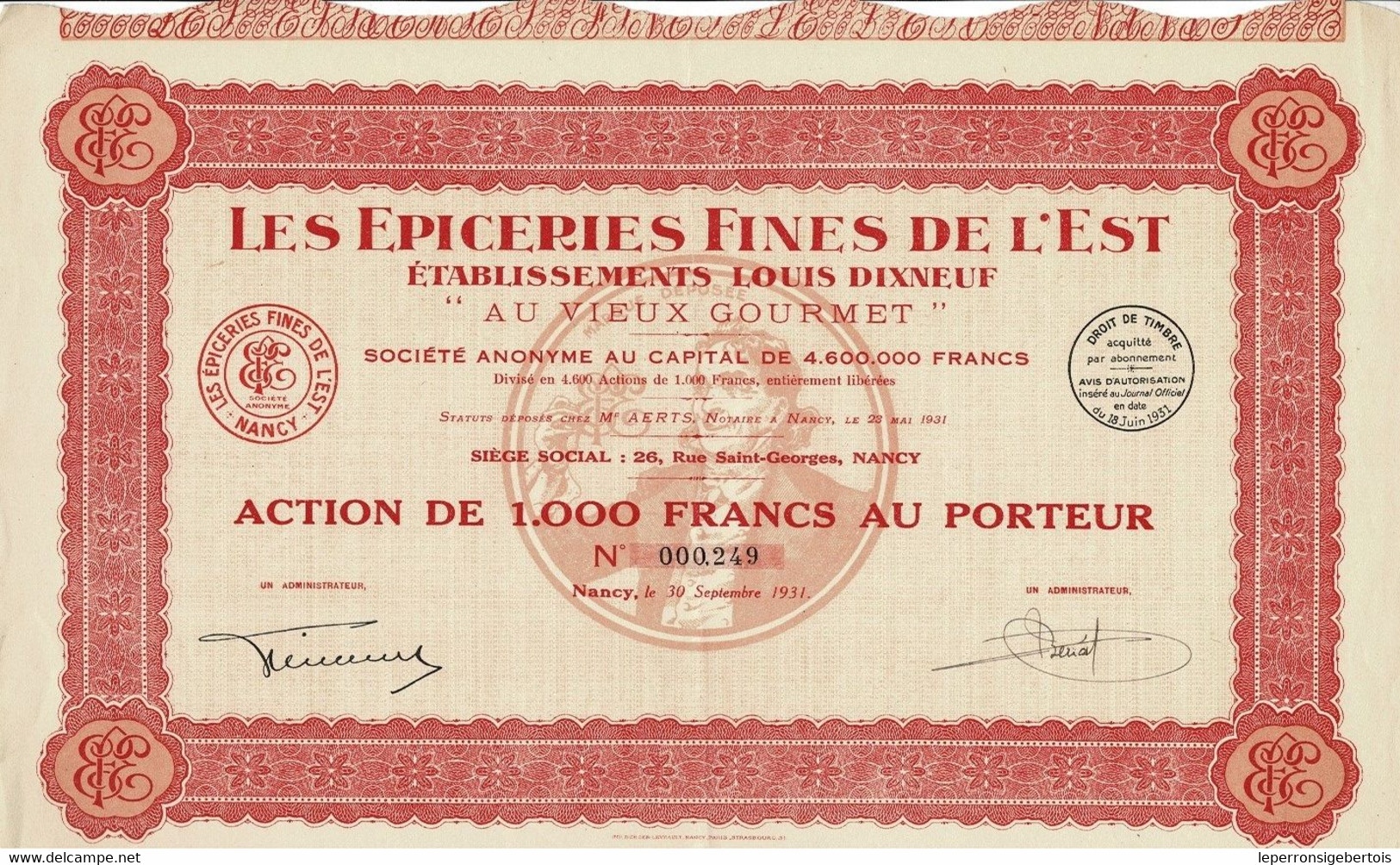 - Titre De 1931 - Les Epiceries Fines De L'Est - Etablissements Louis Dixneuf - Au Vieux Gourmet - - Toerisme