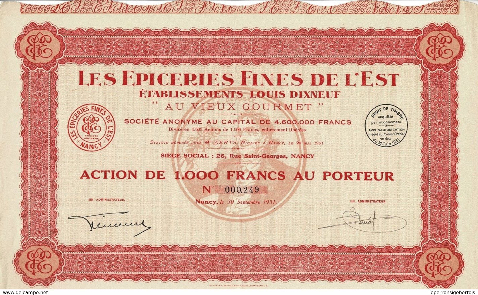 - Titre De 1931 - Les Epiceries Fines De L'Est - Etablissements Louis Dixneuf - Au Vieux Gourmet - - Tourisme