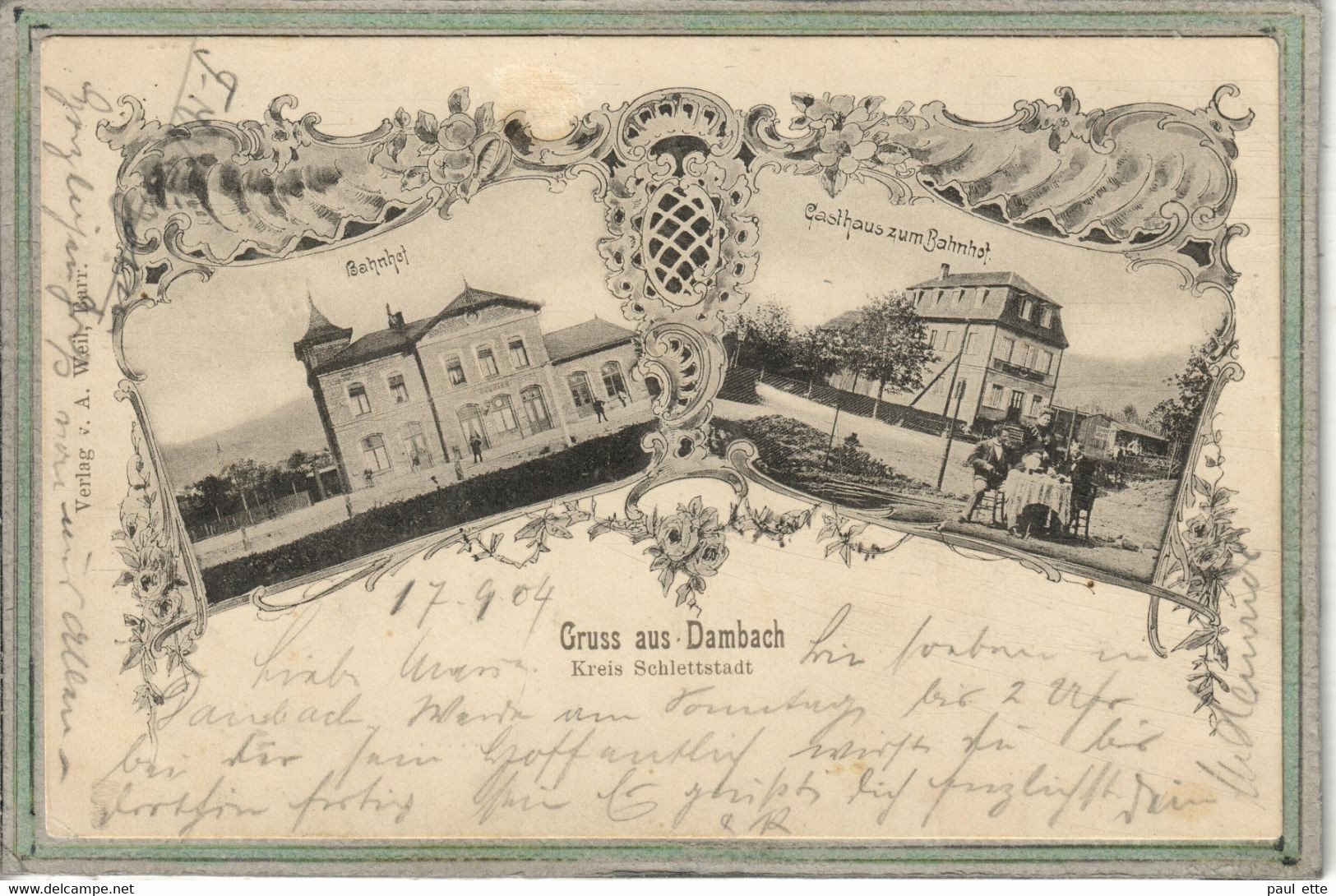 CPA - (67) DAMBACH-la-VILLE - Carte GRUSS Multivues De 1904 - Gare Et Restaurant De La Gare - Dambach-la-ville