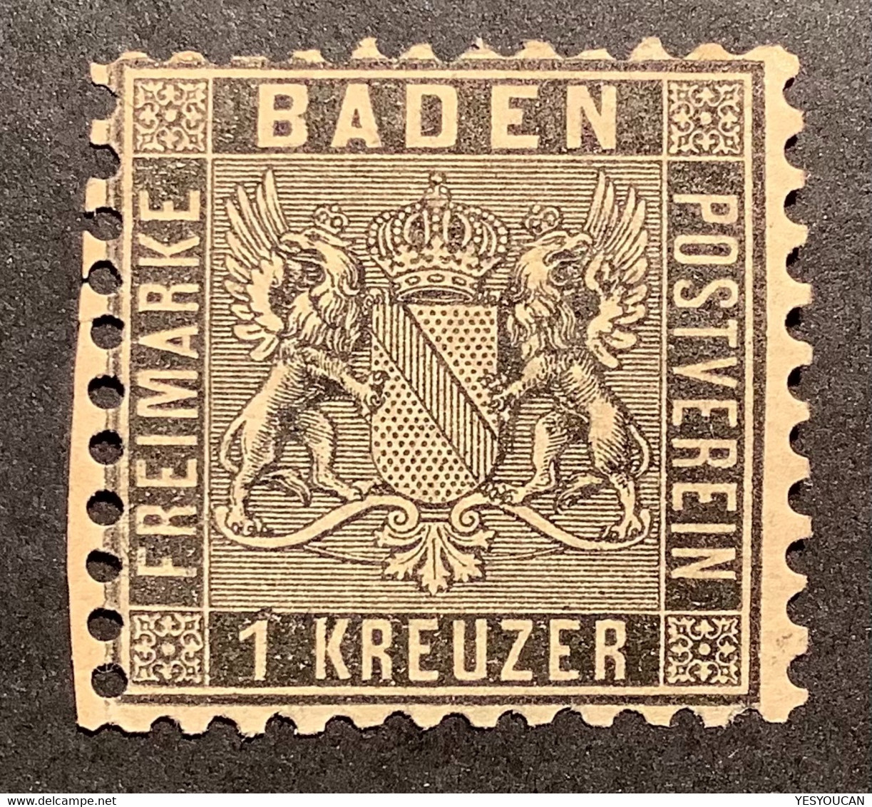 Baden 1860 Mi 9 Mit PLATTENFEHLER "BEULE ÜBER 1 VON KREUZER" 1 Kr Schwarz Tadellos Ungebraucht * Gepr. A.Brun (Bade MLH - Mint