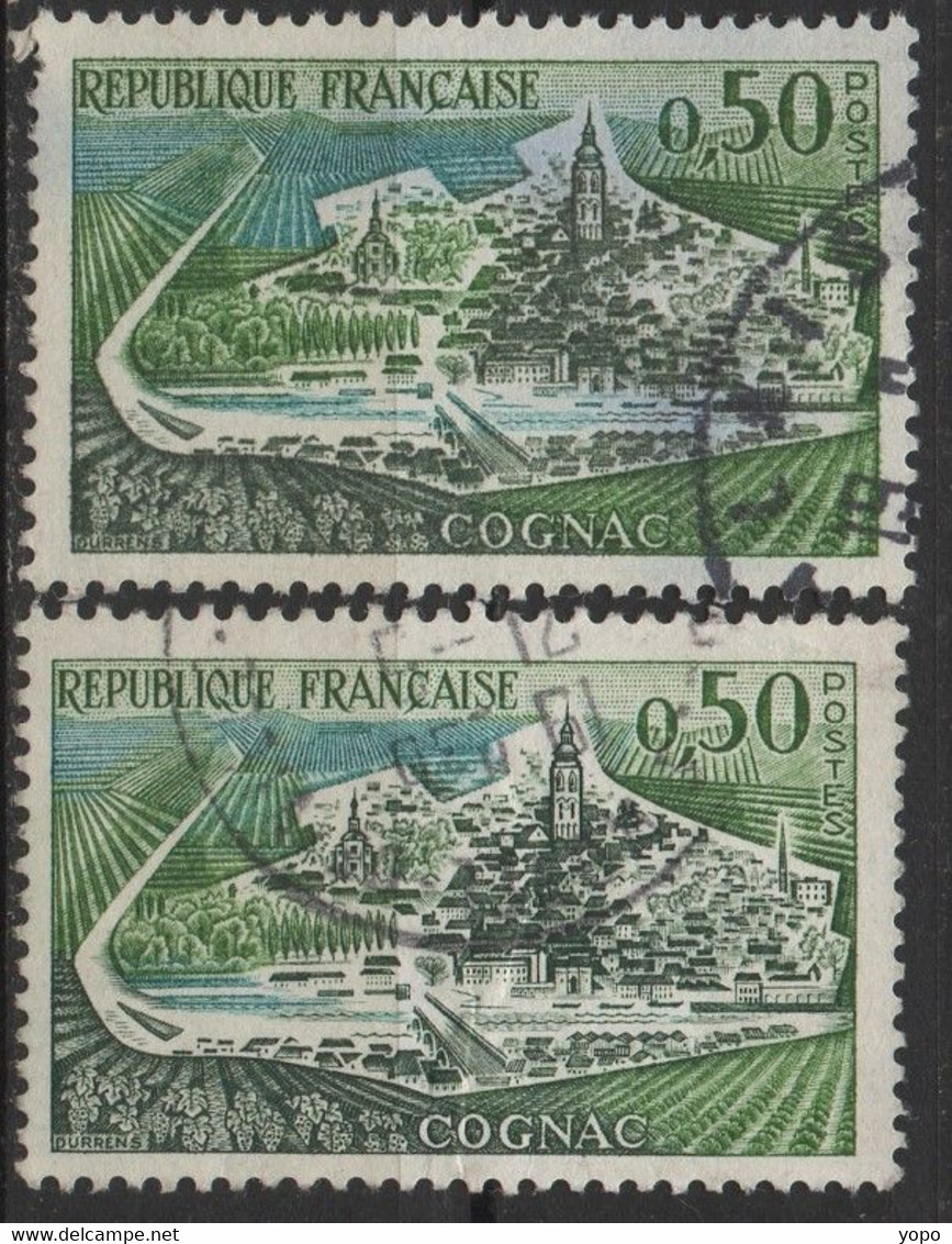 2 Timbres N°1314 Dont L'un Avec Surcharge D'encre Verte - Oblitérés