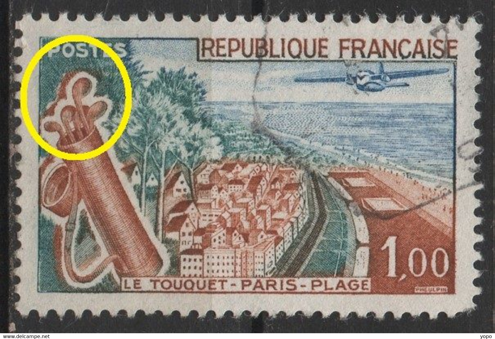 Timbre N°1355  Avec Surcharge D'encre Marron Au Dessus Des Clubs De Golf - Used Stamps