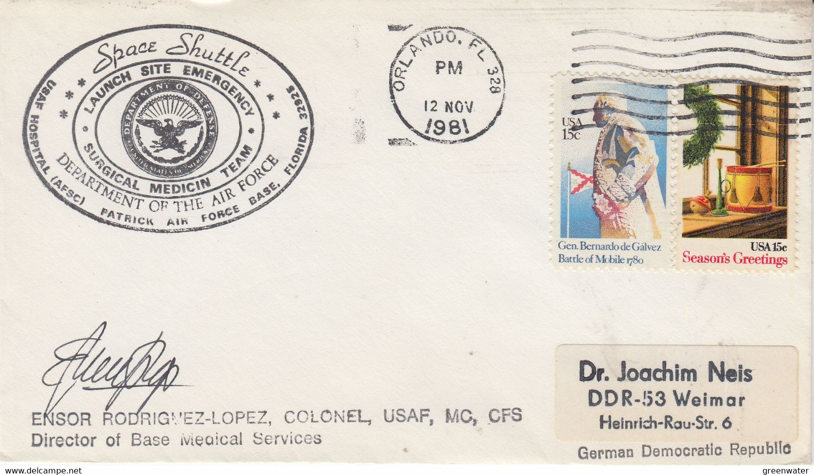 USA Cover Space Shuttle Launch Site Surgical Medicin Team Signature Dir. Base Ca Orlando Fl 12 NOV 1981 (WX210) - North  America