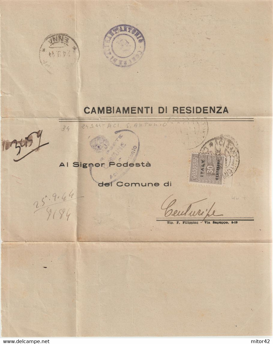 179-AMGOT-Occupazione Alleata Sicilia-30c.su Modulo Del Comune Di Aci S.Antonio-Catania X Centuripe-Enna - Anglo-Amerik. Bez.: Sicilë