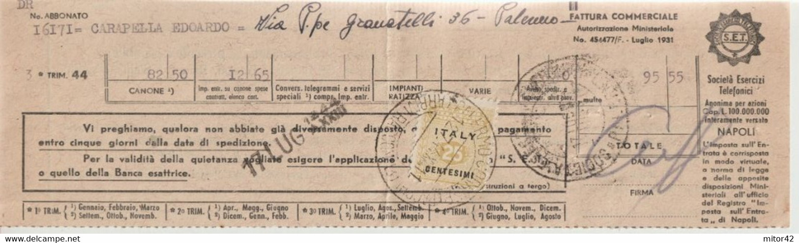 182-AMGOT-Occupazione Alleata Sicilia-25c.su Fattura Commerciale Della S.E.T. - Anglo-american Occ.: Sicily