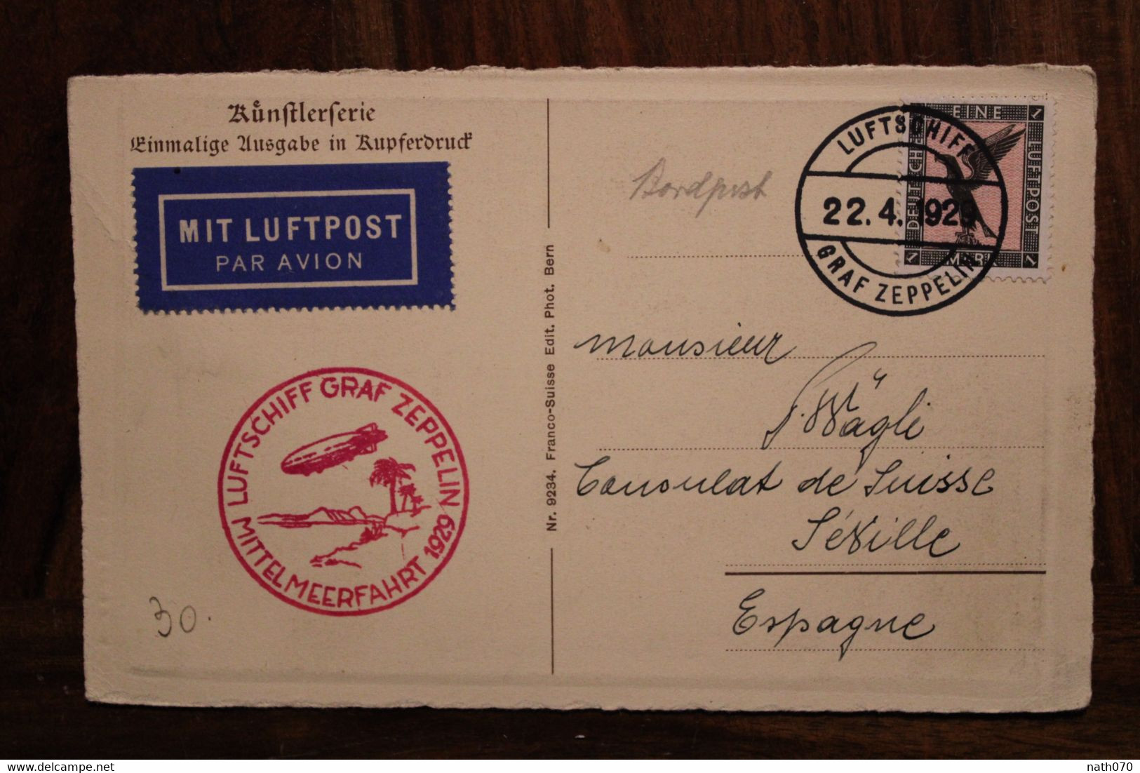 1929 ZEPPELIN Mittelmeerfahrt Luftschiff Bassel Séville Sevilla Consulat Schweiz Cover Air Mail Flugplatz Luftpost - Zeppelins