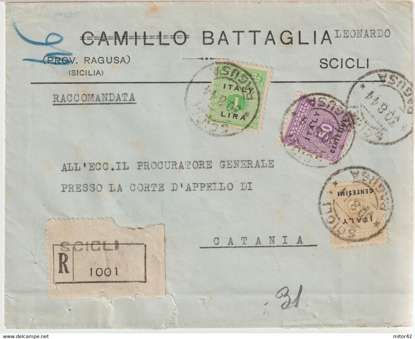187-AMGOT-Occupazione Alleata Sicilia- 50c.+ 1L. Su Busta Intestata C. Leonardi-Scicli-Ragusa X Catania - Anglo-Amerik. Bez.: Sicilë