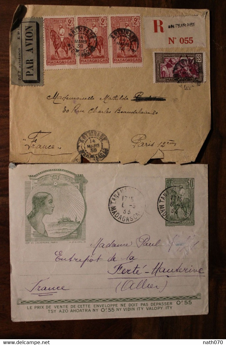 Lot De 2 Madagascar 1933 1938 France Cover Air Mail Entier Reco Antsirabé - Covers & Documents